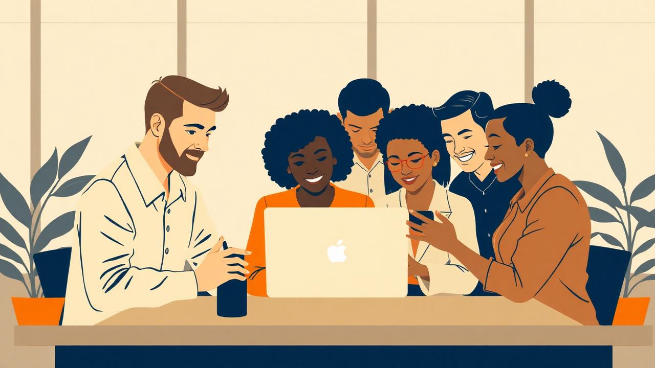 Arab and international professionals collaborating in a practical AI training workshop with laptops, notes, and mentors in a modern office.